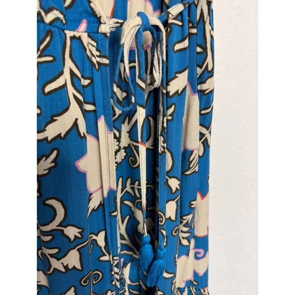 Knox Rose Small Wrap Midi Dress Blue White Ruffled Tiered Floral Short Sleeve